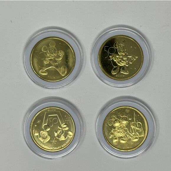 DISNEY 50th Anniversary Gold Medallion Coin Mickey and Minnie Set of 4 - Picture 1 of 2
